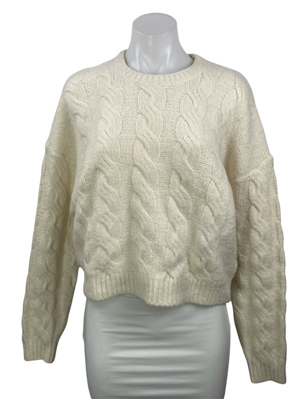 Joie Women's Cream Wool Cable Knit Long Sleeve Crew Neck Sweater Top Size M